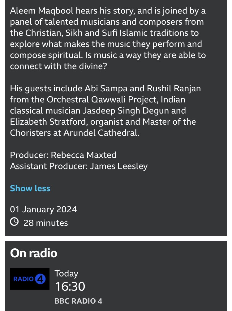 Tune in to @BBCRadio4 at 4:30pm today to hear ‘Sacred Sounds’ feat. @jasdeepdegun @Abi_Sampa @rushilranjan @ElizStratford 

It was a pleasure to work on it with   @becomingrebecca ✌️