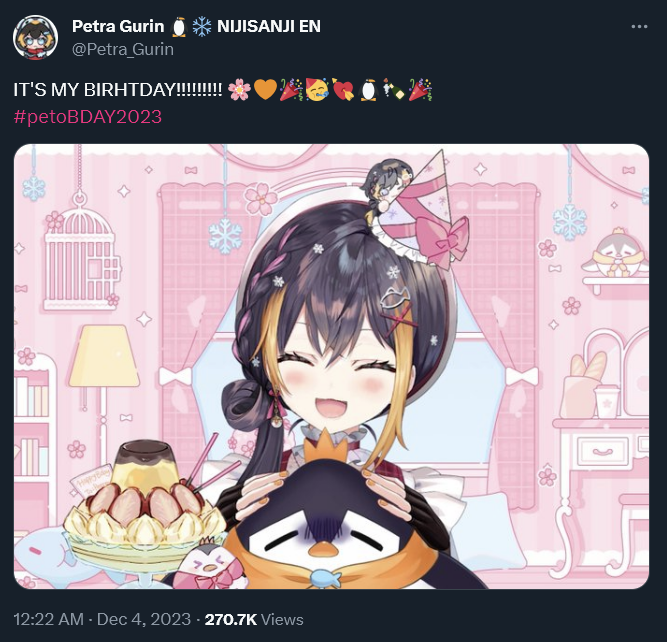 LA_Nightraine's tweet photo. 12/03-06
> ๐ Petra Gurin birthday 2023 #petoBDAY2023
-->> ๐๏ธ Goods & voice
-->> ๐ด Countdown on 12/03
-->> ๐ด Celebration stream
-->> ๐ค Offline karaoke (DAM, Archived) on 12/16, with Enna, Meloco, Kotoka + Igarashi Rika, Oliver Evans, Debidebi Debiru, Lain Paterson, & Nagao Kei https://t.co/Lqgofnm5CF