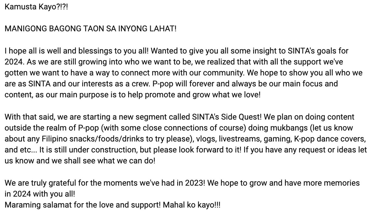 sintadancecrew's tweet photo. A little message to bring in 2024💕💕💕

MANIGONG BAGONG TAON SA INYONG LAHAT!

#ppop #ppopdance #ppoprise #sinta #HappyNewYear https://t.co/5BAPDQX6cV