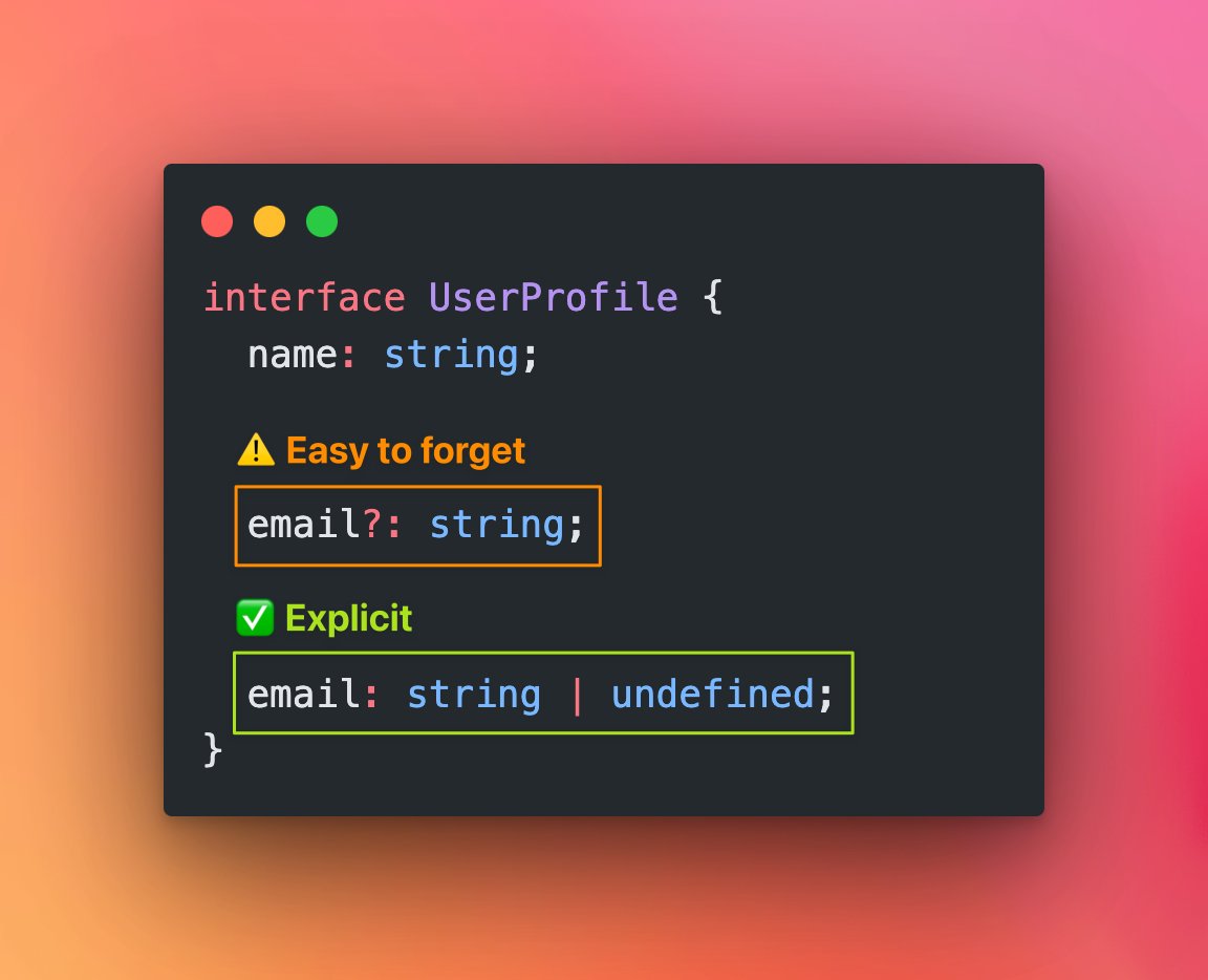 TypeScript tip: use undefined explicitly instead of making a property optional, when applicable. ⚠️ email?: string ✅ email: string | undefined Why? It's too easy to forget to specify a property, especially in large codebases or refactors. You can make it optional later.