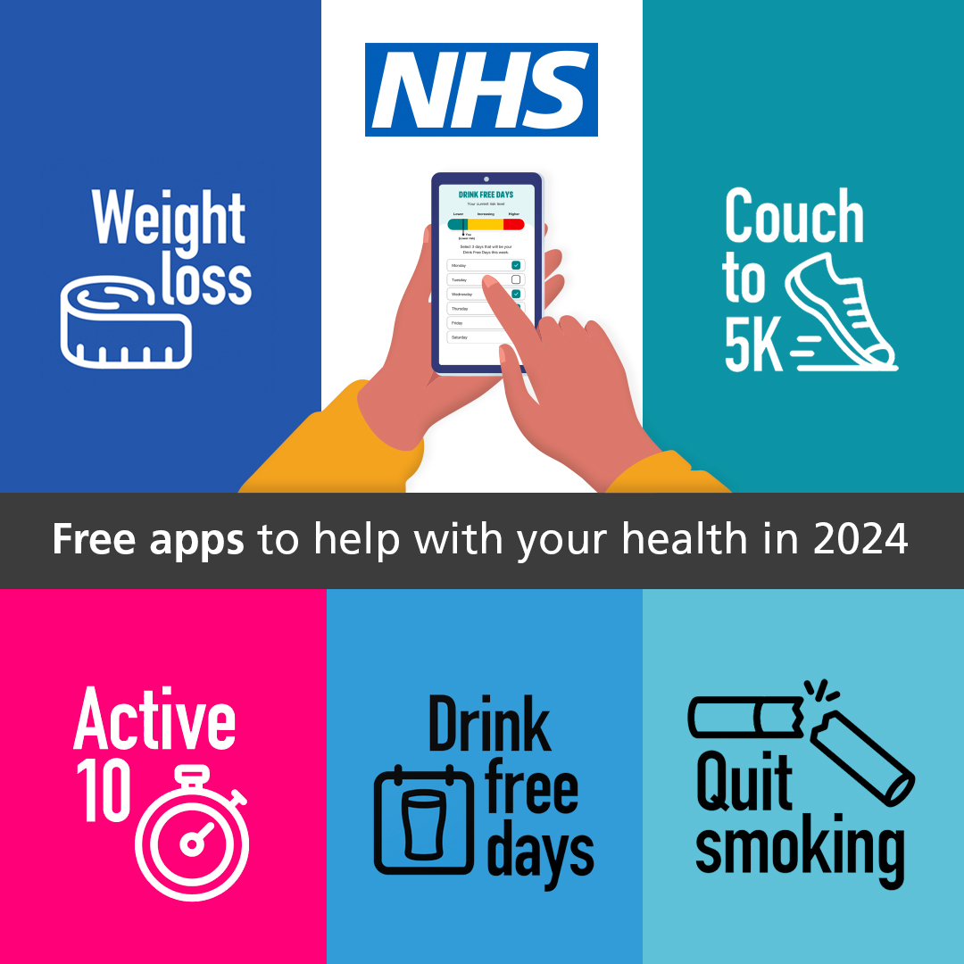 Looking to improve your health in 2024? From quitting smoking and drinking less, to moving more and eating healthier, we’ve got lots of free apps to help and support you. More info ➡️ nhs.uk/better-health/ #NewYearResolutions