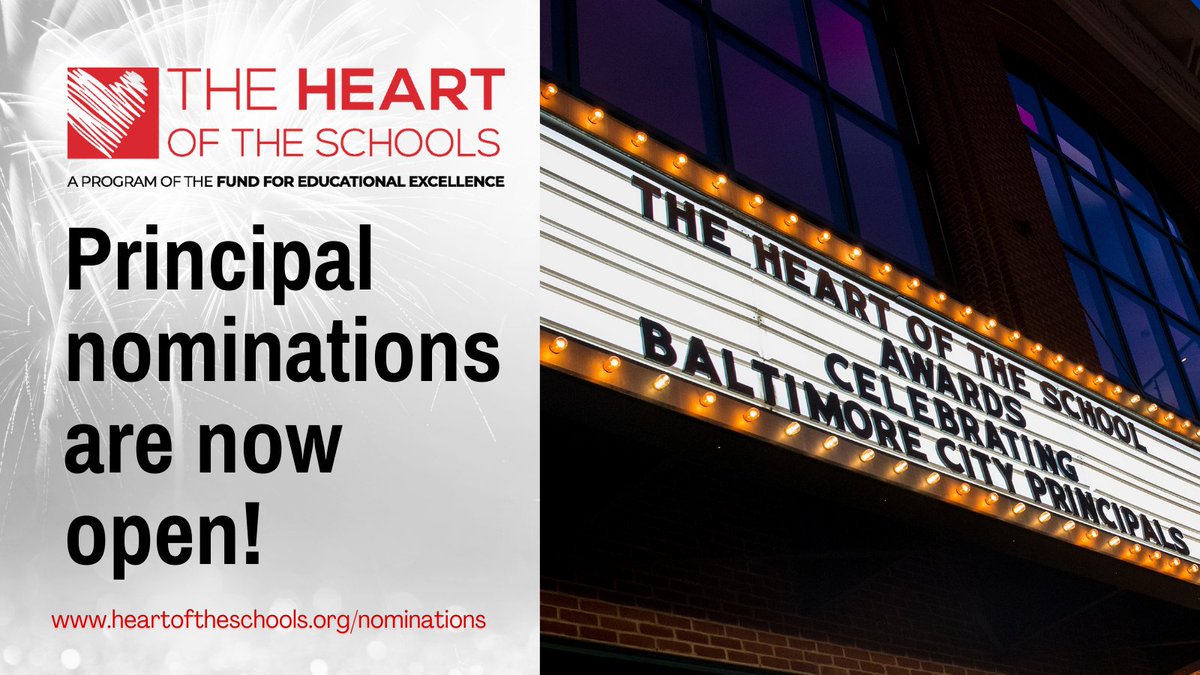 Nominate a deserving @baltcityschools principal for the 2024 Heart of the Schools Awards. No time to wait! Show our dedicated principals how much they mean to our students and communities by submitting nominations now through January 31st: heartoftheschools.org/nominations