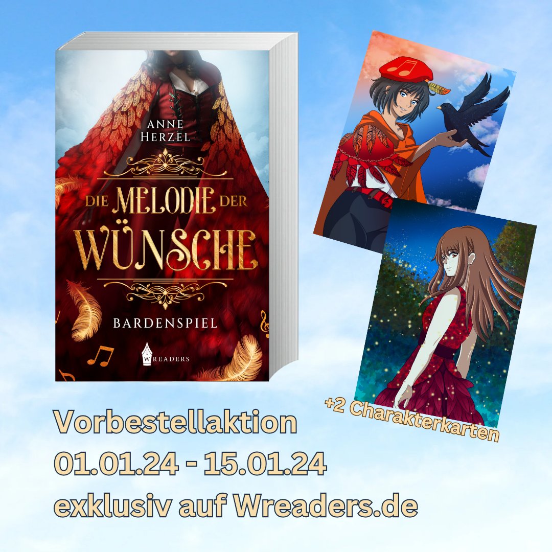 Wellenbuch's tweet photo. Da ist es, mein neues Buch: 
Die Melodie der Wünsche - Bardenspiel! :)
Band 1 einer Romantasy-Trilogie mit eigens erstellten Illustrationen. Ich bin unheimlich stolz. :D

Vorbestellbar direkt beim @wreadersverlag, inkl. Charakterkarten und Signatur! ^_^

https://t.co/9vhU3yMMk1 https://t.co/tAvo4b3dDe