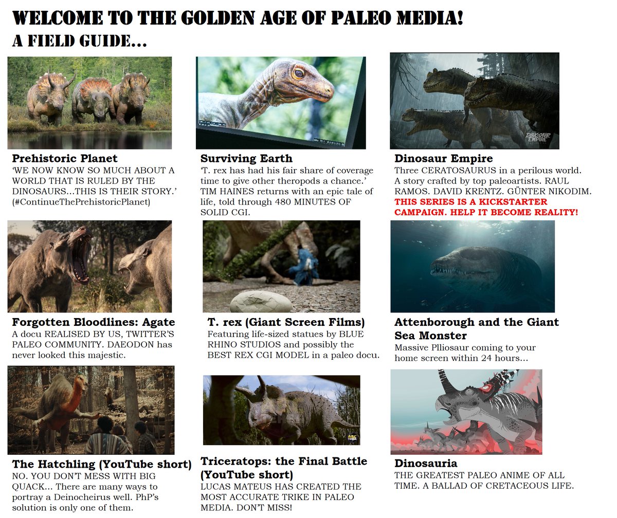 raftingzalmoxes's tweet image. REMAKE: 'THE GOLDEN AGE OF PALEO MEDIA' (1/2)
#PrehistoricPlanet #SurvivingEarth #DinosaurEmpire #ForgottenBloodlines #GiantScreenFilmsTRex #AttenboroughAndTheGiantSeaMonster #TheHatchlingShort #TriceratopsTheFinalBattle #Dinosauria
