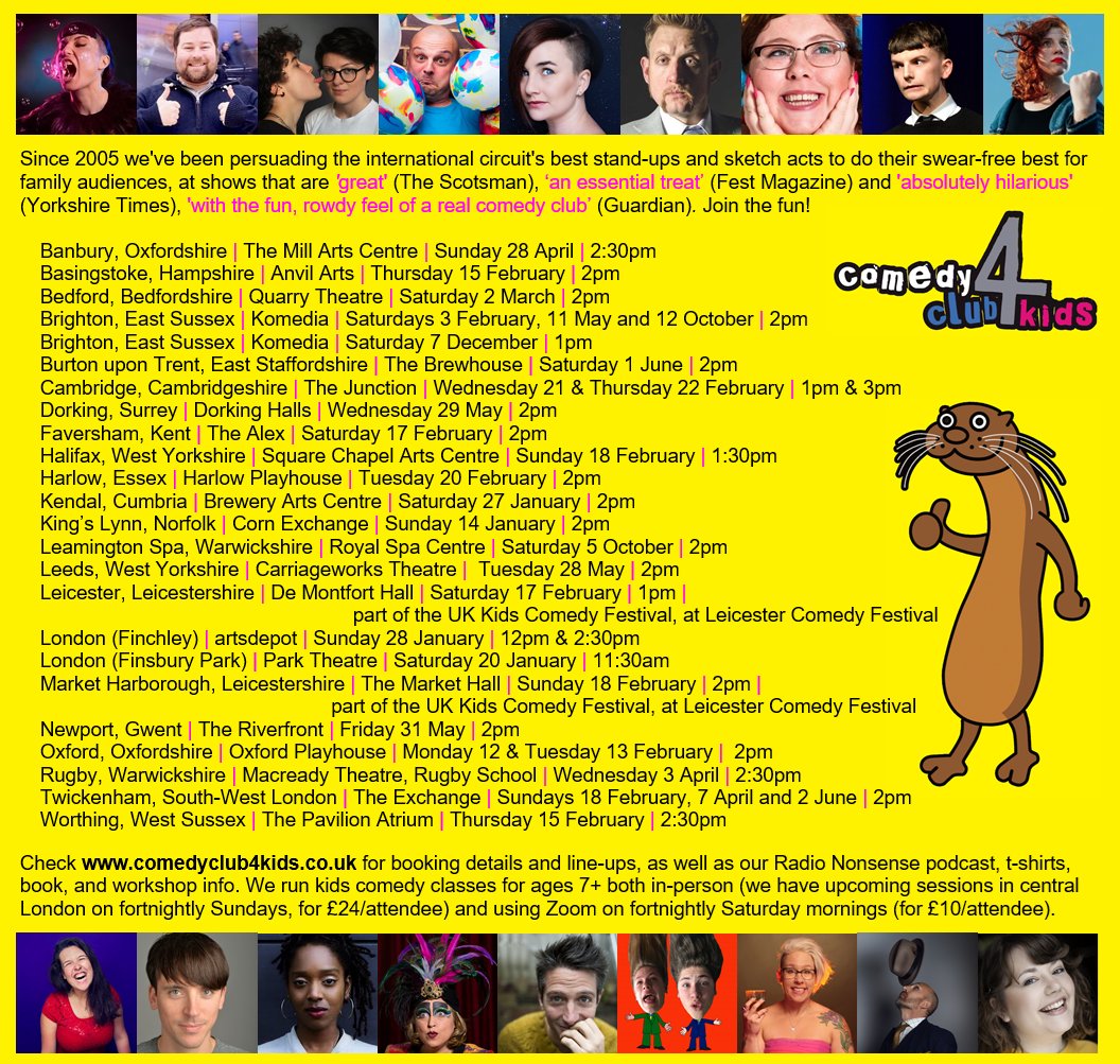 Comedy Club 4 Kids (@comedyclub4kids) on Twitter photo Hullo! We are:
a) very good at comedy shows for ages 6+
b) gigging soon at King's Lynn <a href="/klcornexchange/">Alive Corn Exchange Theatre & Cinema</a>,
Finsbury Park <a href="/ParkTheatre/">Park Theatre</a>, <a href="/BACKendal/">Brewery Arts</a>, Finchley <a href="/artsdepot/">artsdepot</a>, <a href="/KomediaBrighton/">Komedia Brighton</a>, <a href="/OxfordPlayhouse/">Oxford Playhouse</a> and <a href="/KidsComedyFest/">The UK Kids’ Comedy Festival</a>
c) keen to see you at b) to prove a) comedyclub4kids.co.uk/gigs/ Hullo! We are:
a) very good at comedy shows for ages 6+
b) gigging soon at King's Lynn <a href="/klcornexchange/">Alive Corn Exchange Theatre & Cinema</a>,
Finsbury Park <a href="/ParkTheatre/">Park Theatre</a>, <a href="/BACKendal/">Brewery Arts</a>, Finchley <a href="/artsdepot/">artsdepot</a>, <a href="/KomediaBrighton/">Komedia Brighton</a>, <a href="/OxfordPlayhouse/">Oxford Playhouse</a> and <a href="/KidsComedyFest/">The UK Kids’ Comedy Festival</a>
c) keen to see you at b) to prove a) comedyclub4kids.co.uk/gigs/