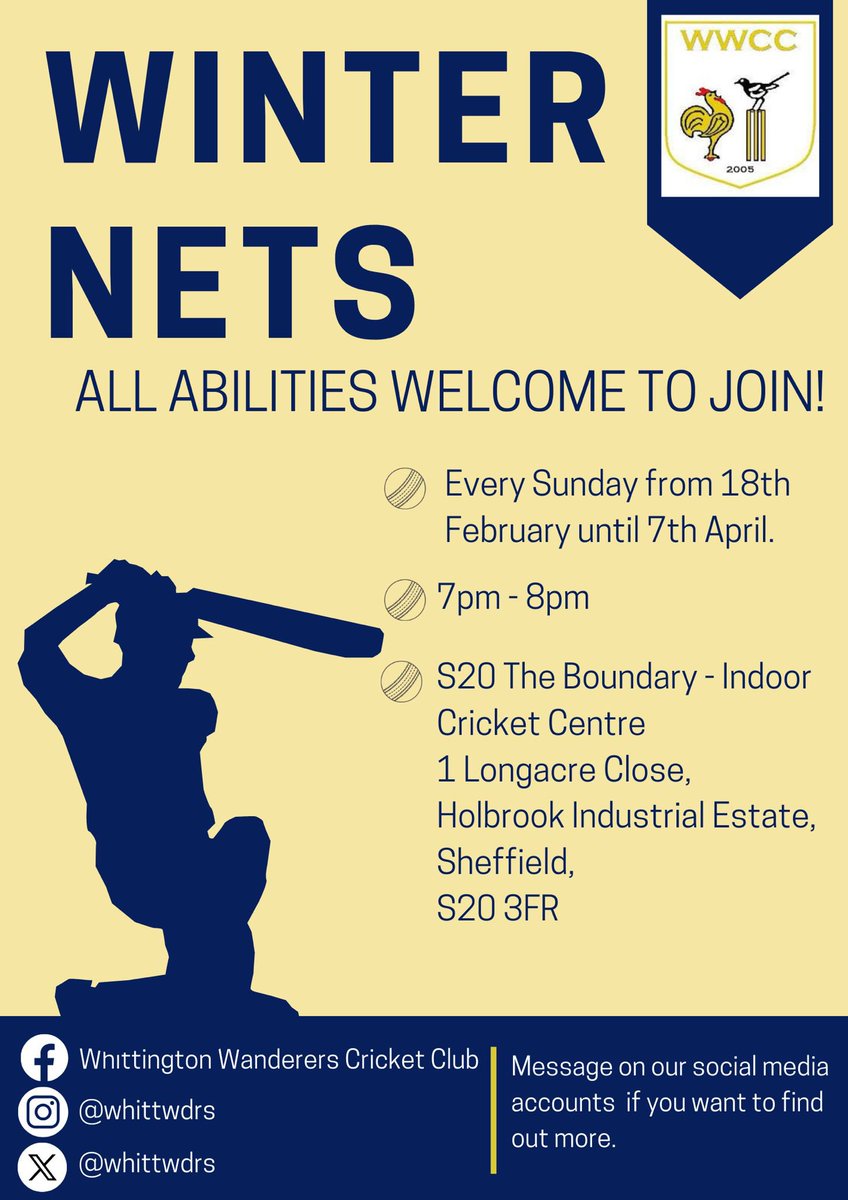 Whittington Wdrs (@whittwdrs) on Twitter photo Happy New Year from everyone at WWCC, look forward to welcoming old and new to our Winter Net sessions starting 18th February 2024 at <a href="/s20theboundary/">S20 The Boundary</a>
Please RT 🏏 Happy New Year from everyone at WWCC, look forward to welcoming old and new to our Winter Net sessions starting 18th February 2024 at <a href="/s20theboundary/">S20 The Boundary</a>
Please RT 🏏