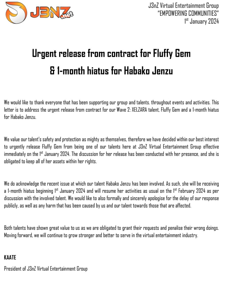 J3nzNet's tweet photo. [OFFICIAL ANNOUNCEMENT] URGENT RELEASE FROM CONTRACT FOR FLUFFY GEM &amp; 1-MONTH HIATUS FOR HABAKO JENZU https://t.co/gJnH1qG9OQ