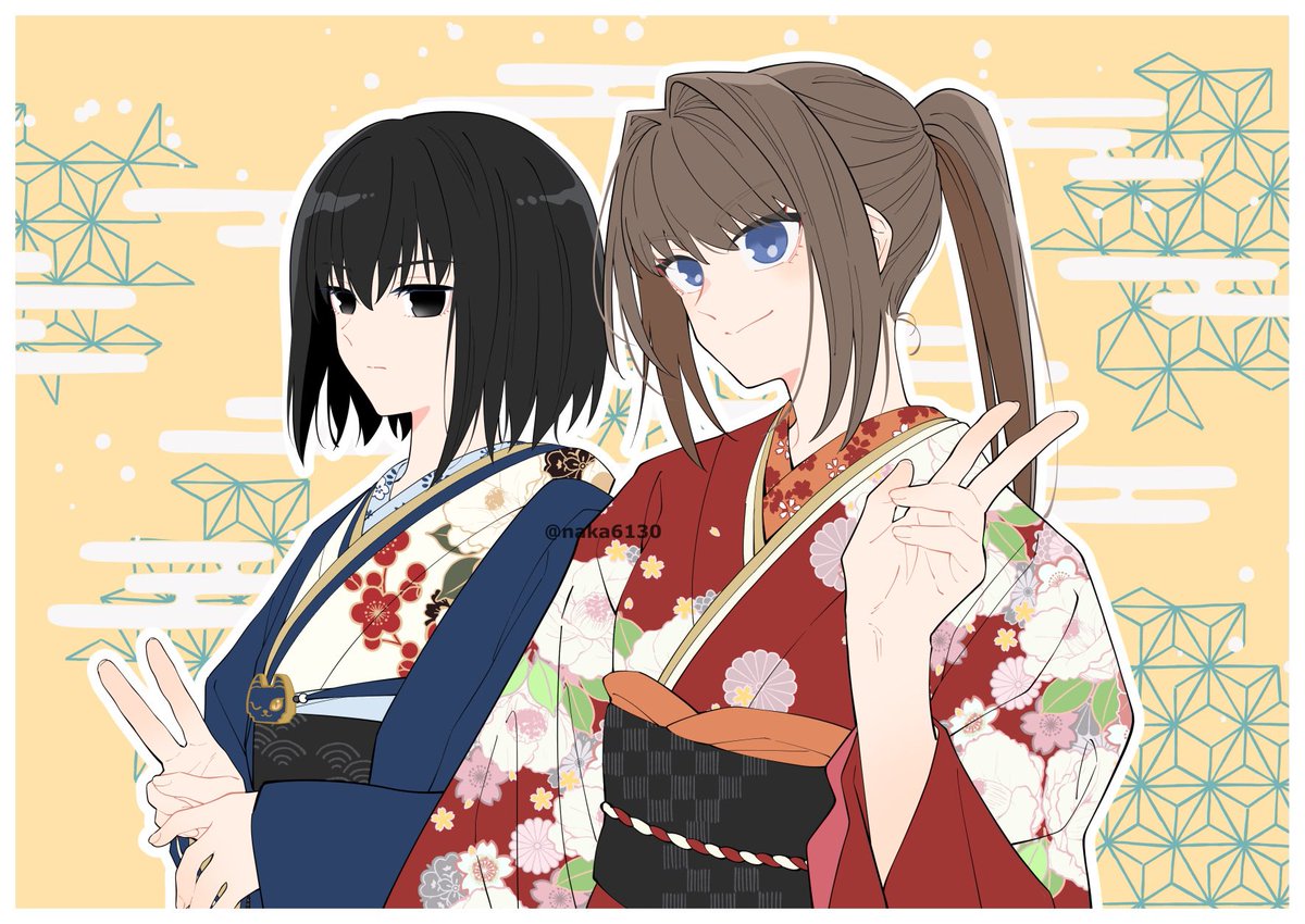 aozaki aoko ,ryougi shiki kimono japanese clothes 2girls blue eyes multiple girls sash ponytail  illustration images