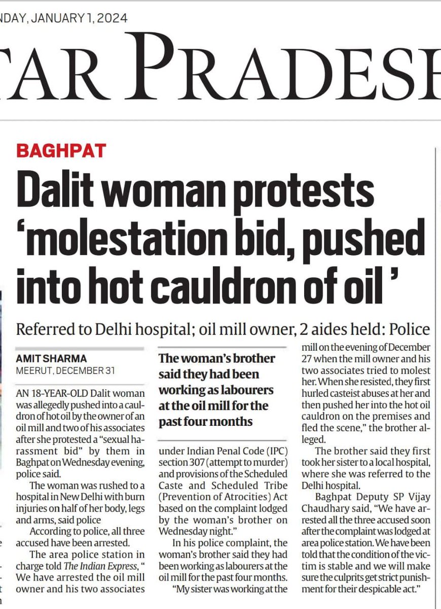 A dalit teen resists molestation and is pushed into hot oil in Uttar Pradesh's Baghpat. The girl suffered 50% burns on her hands and face.
