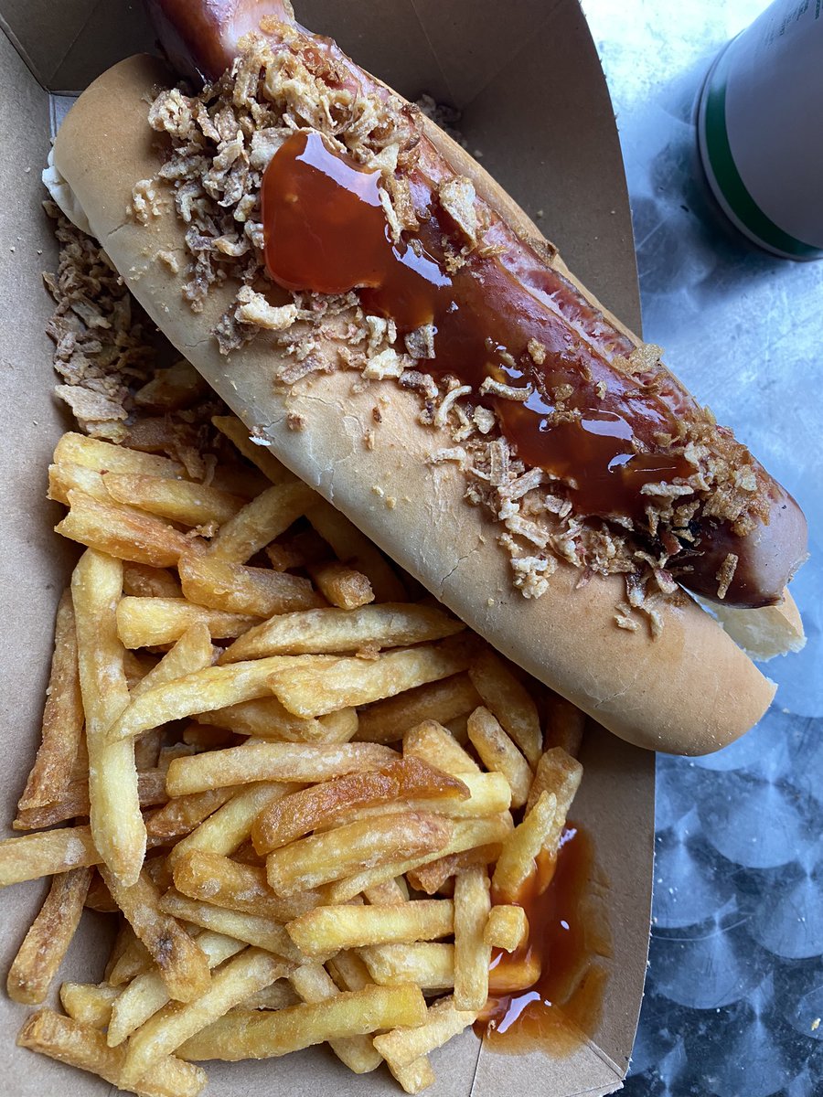 Jesstho's tweet photo. Loaded dog and fried £8 😋 . Cambridge United  @FootyScran https://t.co/m14v7ntGyB