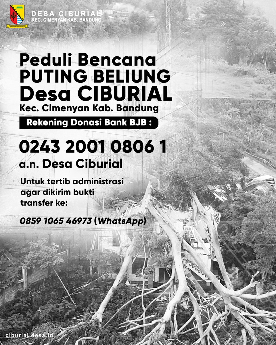 Mountain_Pupqw's tweet photo. Peduli Bencana Puting Beliung
Desa Ciburial Kec. Cimenyan Kab. Bandung
.
Rekening Donasi Bank BJB Desa Ciburial: 
0243 2001 0806 1
a.n. Desa Ciburial
.
Untuk tertib administrasi agar dikirim bukti transfer ke: 0859 1065 46973 (WhatsApp)
.
#Ciburial
#Cimenyan
#OpenDonasi https://t.co/cZoPS4bC4f