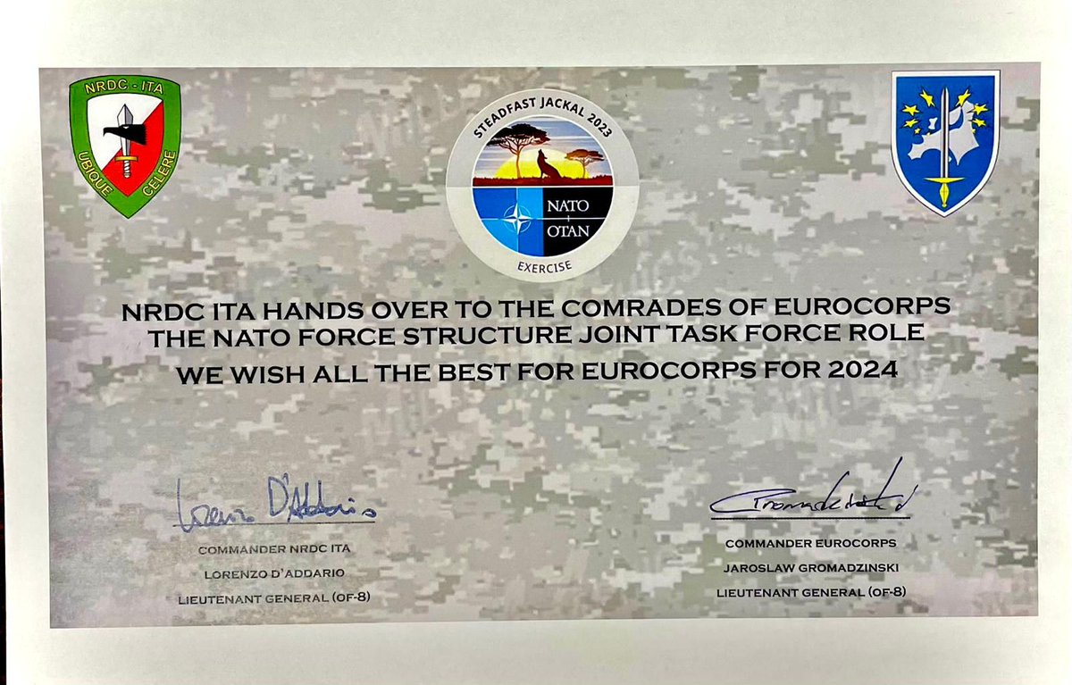 Proud to announce we take over as Joint Task Force Headquarters from @NRDCITA. In 2024 we will execute this role with utmost dedication and alertness 
#NATO #UnitedForEUROCORPS