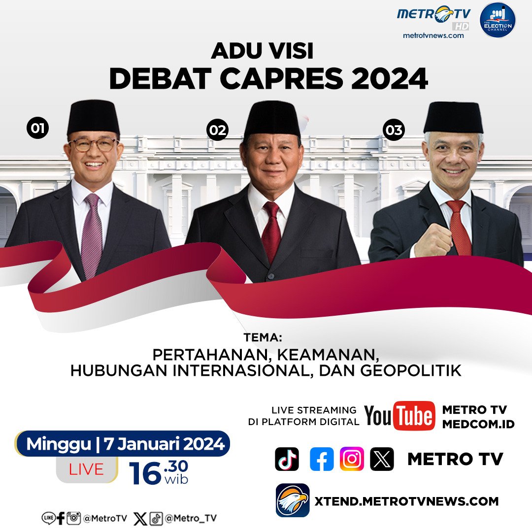 Metro_TV's tweet photo. Calon Presiden pada Pemilu 2024 akan adu visi dan gagasan dalam DEBAT KETIGA.

Saksikan #DebatCapresCawapres2024 ketiga hari Minggu, 7 Januari 2024 mulai pukul 16.30 WIB LIVE di Metro TV dan streaming di YouTube dan XTend.

#debatcapres #pilpres2024 #pemilu2024 https://t.co/3GjHnKGOsq
