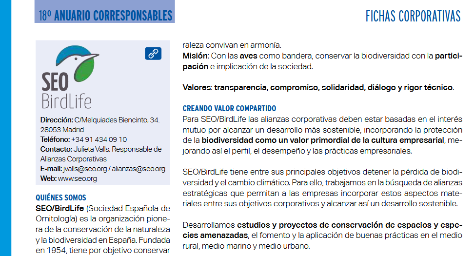 La misión de @SEO_BirdLife es conservar la #biodiversidad con la participación e implicación de la #sociedad, con unos #valores de transparencia, #compromiso, solidaridad, diálogo y rigor técnico. Más información en el #AnuarioCorresponsables2023 👉 bit.ly/3m06web