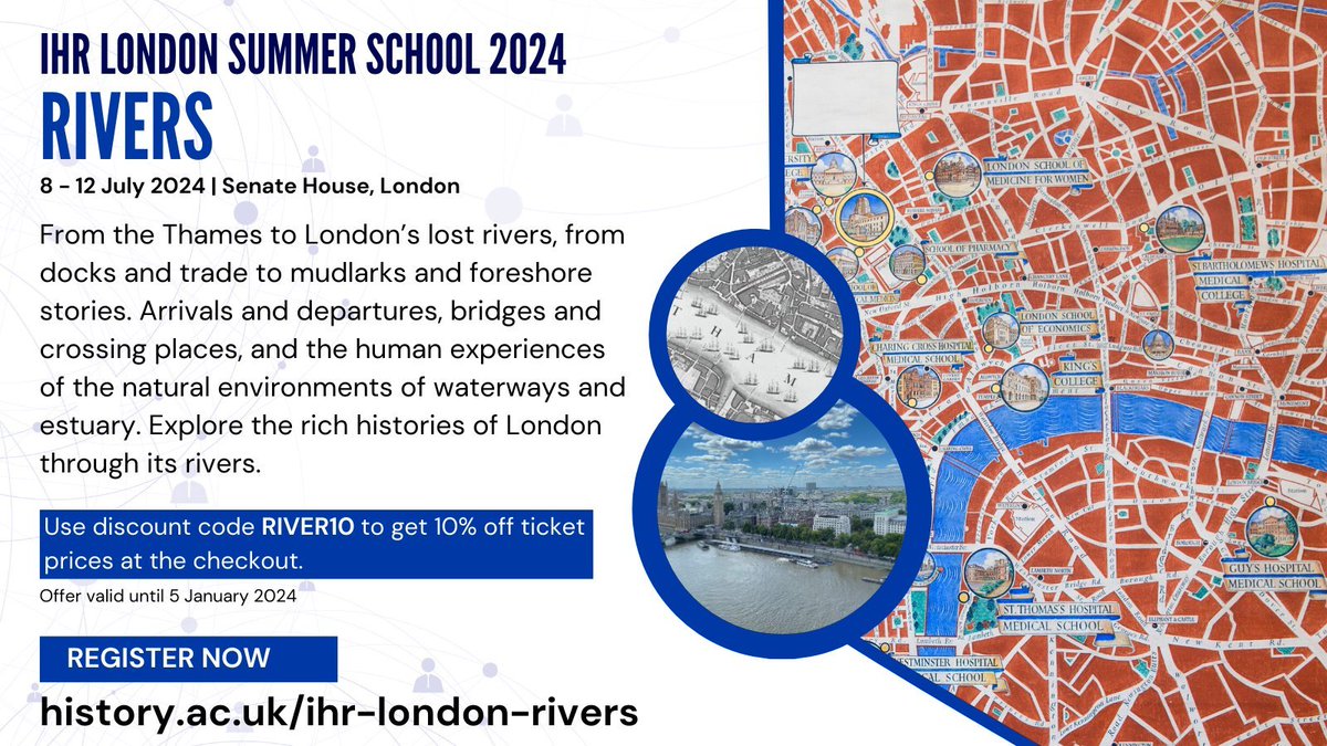 Happy New Year! Making plans for 2024? There's still time (just!) to get the earlybird discount for the IHR #London #SummerSchool in July! Code RIVER10 valid until 5 January for 10% off. Join us to discover London's rich #history through its #rivers... history.ac.uk/ihr-london-riv…