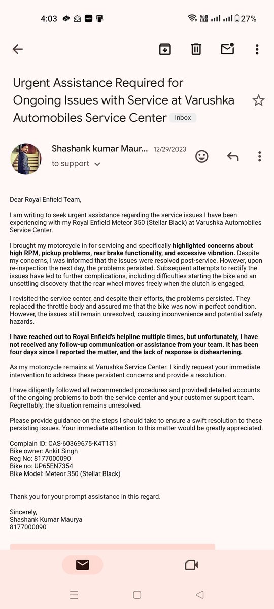 shanknamdev's tweet photo. Repeatedly, getting a single reply over email and call support that "please wait". Here is the request number CAS-60369675-K4T1S1 and screenshot attached. Requesting @royalenfield to look into and hopeful that positive action to be taken. https://t.co/8LwsY3kmNA