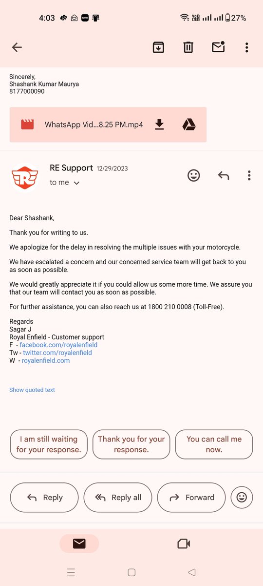 shanknamdev's tweet photo. Repeatedly, getting a single reply over email and call support that "please wait". Here is the request number CAS-60369675-K4T1S1 and screenshot attached. Requesting @royalenfield to look into and hopeful that positive action to be taken. https://t.co/8LwsY3kmNA