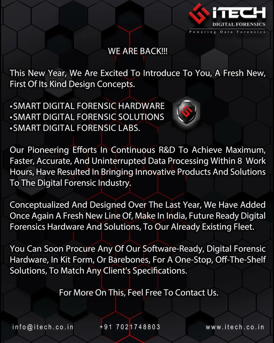 ItechForensics's tweet image. WE ARE BACK!!!
.
.
.
.
📧  info@itech.co.in
🌐 itech.co.in
 .
.
.
#itechdigitalforensics #highperformance #makeinindia #forensicserver #artificialintelligence 
#informationsecuritymanagement #cybersecurity #digitalforensics #Weareback
#Security #CyberSecurity