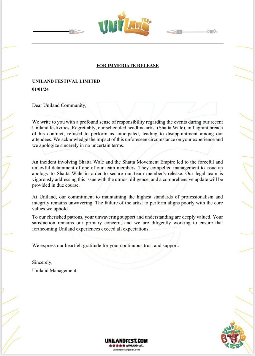 Unilandfest_'s tweet photo. FOR IMMEDIATE RELEASE https://t.co/1JQIUDhd88