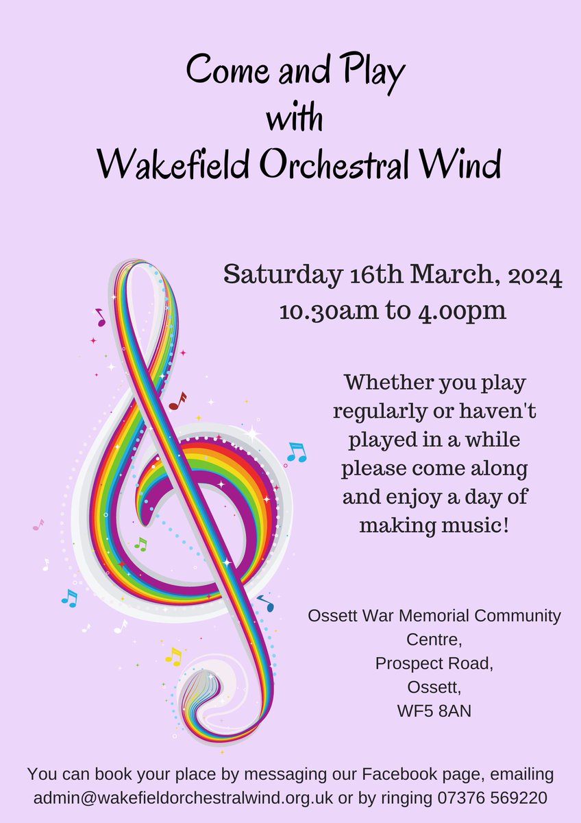 wowband's tweet photo. We would like to invite brass, woodwind and percussion players to join us for a day of music-making.
Experience tells us that this will be a great opportunity to catch up with old friends and also make some new ones!
Please message us for further information, or to book a place. https://t.co/tkNiKD2Tlp