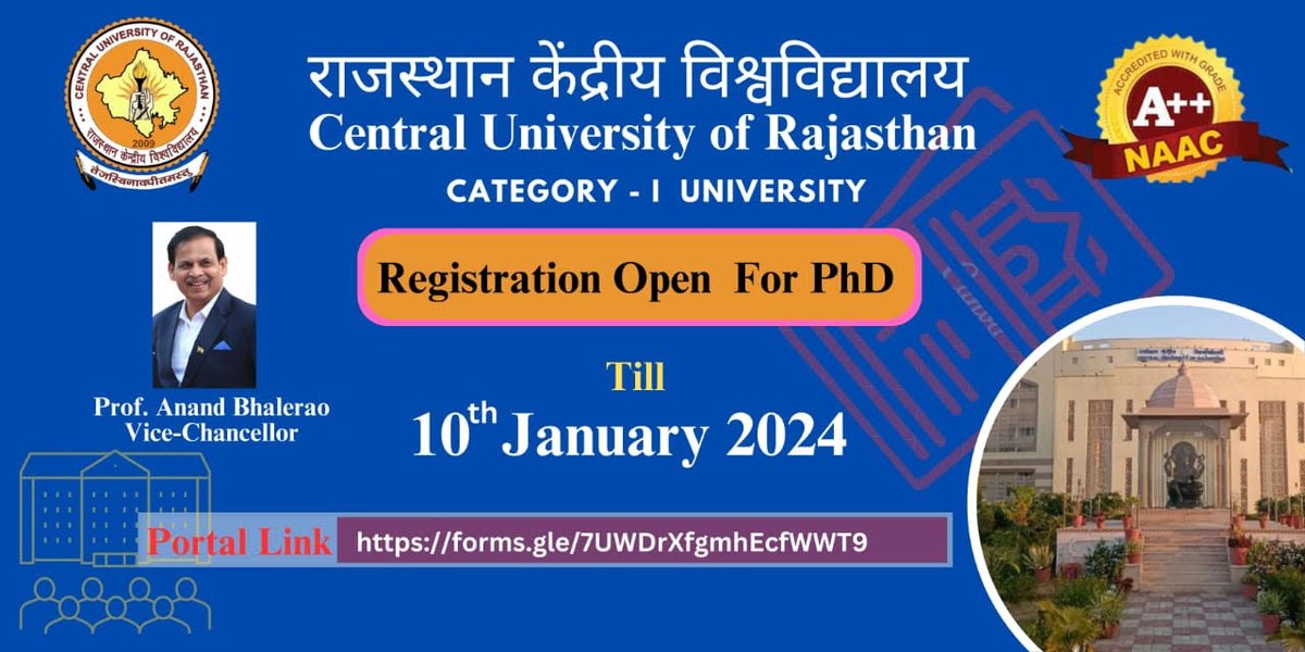 CURajasthan's tweet photo. Passionate about research? Registration for Ph.D. at C U Raj is OPEN! Don't miss this chance to delve into your academic dreams. Last date-10th Jan 2024. Apply now &amp; seize this opportunity for your future in research excellence. #research  
Prof Anand Bhalerao
Vice Chancellor https://t.co/0TP29XUjM1