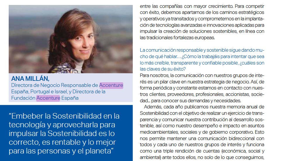 “Actualmente nos encontramos ante dos retos: embeber la #Sostenibilidad en la tecnología y aprovechar la #tecnología para impulsar la Sostenibilidad”. @anamillanch, Dir. de Negocio #Responsable de @AccentureSpain, en el #AnuarioCorresponsables2023 👉 bit.ly/3lhnqVc