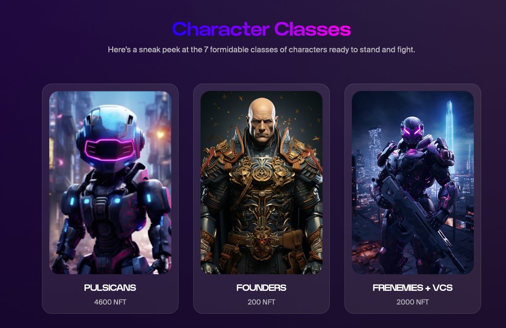 trade_brawl's tweet photo. The Seven Classes of NFTs
🎨 Explore the diversity within Pulse Wars' 7 NFT classes! From defenders like "PULSICANS" to the enigmatic "FOUNDERS OF THE FUTURE," each brings unique designs and fighting styles. Which class resonates with your strategy? #NFTClasses #PulseWars https://t.co/msCyw3sy96