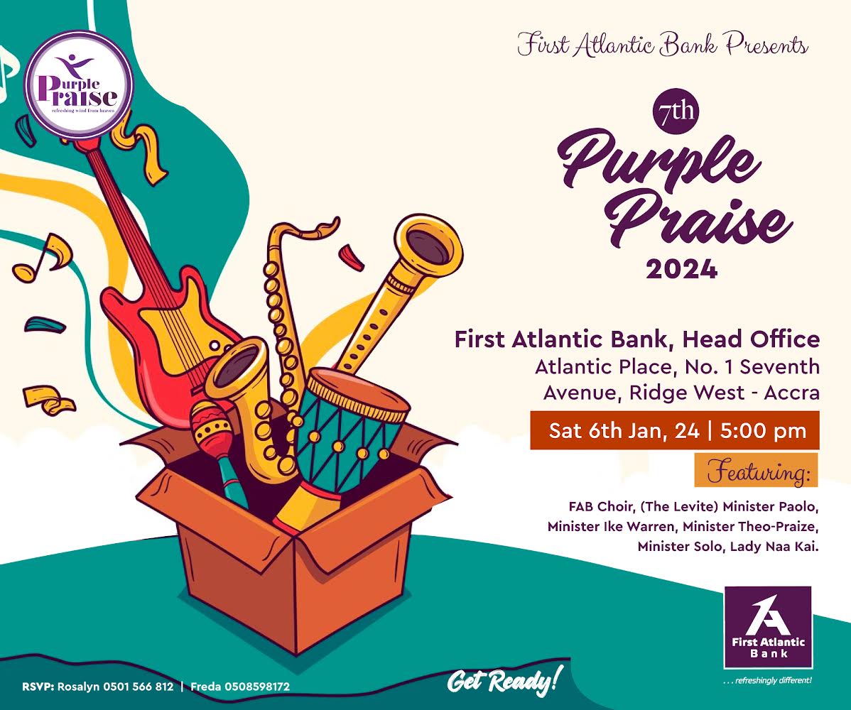 FirstAtlanticGH's tweet photo. Saturday 6th January, 2024!! Join us give thanks, dance, worship and praise the Lord for all His goodness and mercies ๐๐พ ๐๐พ ๐ ๐๐พ ๐บ๐พ
All our cherished customers are invited.
#firstatlanticbank #refreshinglydifferent #purplexperience #purplepraise2024 https://t.co/1CwZ8zsbJQ