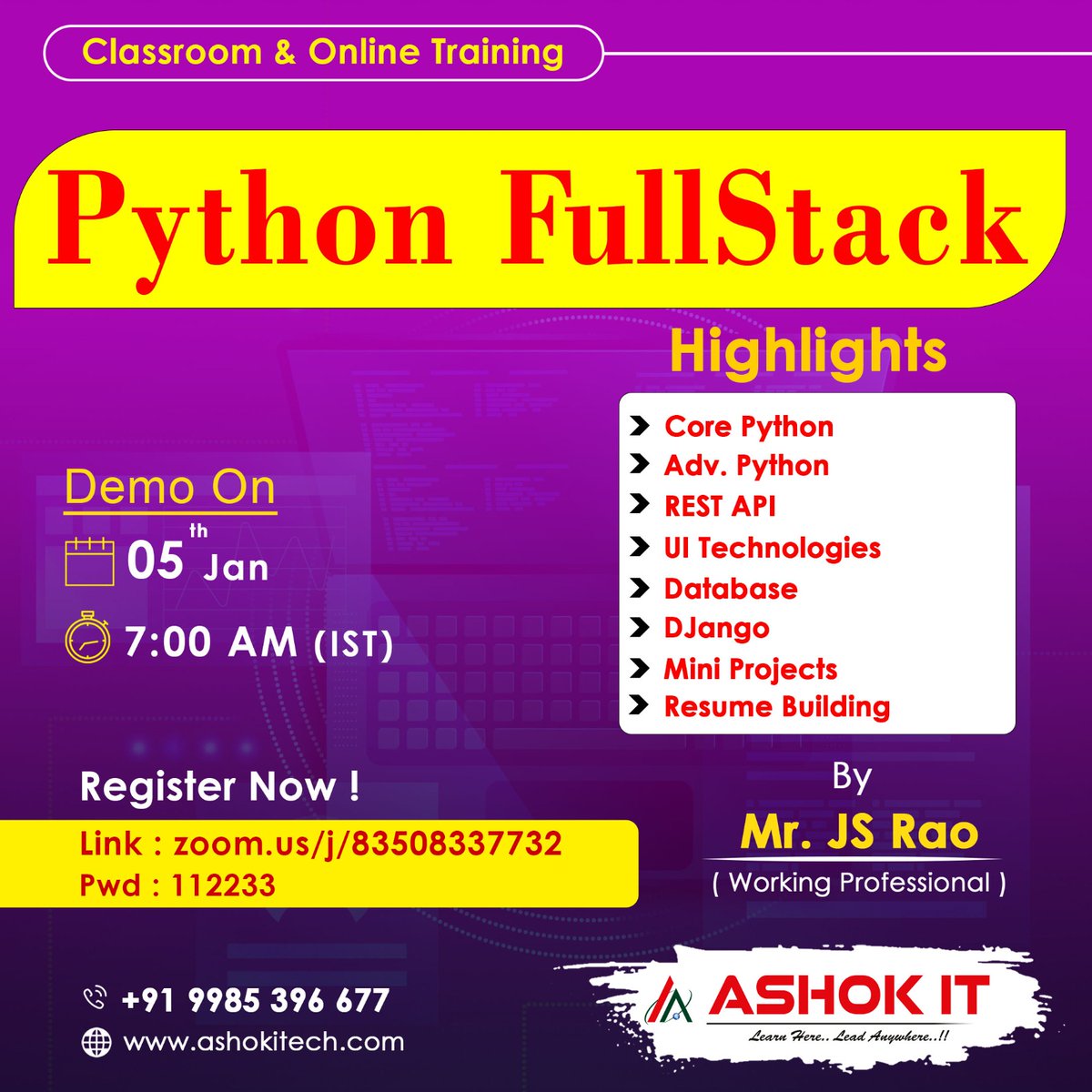 ashokitschool's tweet image. 🛑 Python FullStack 🛑
👉 Free Demo On 5th-Jan @ 07:00 AM IST
✍️ Enroll Now : bit.ly/42RktuX
👉 Follow Our Whatsapp Channel : bit.ly/4565QED
👉 Subscribe To Ashok IT YouTube Channel For Free Tutorials : bit.ly/41IHJdj
#PythonOnlineCourse