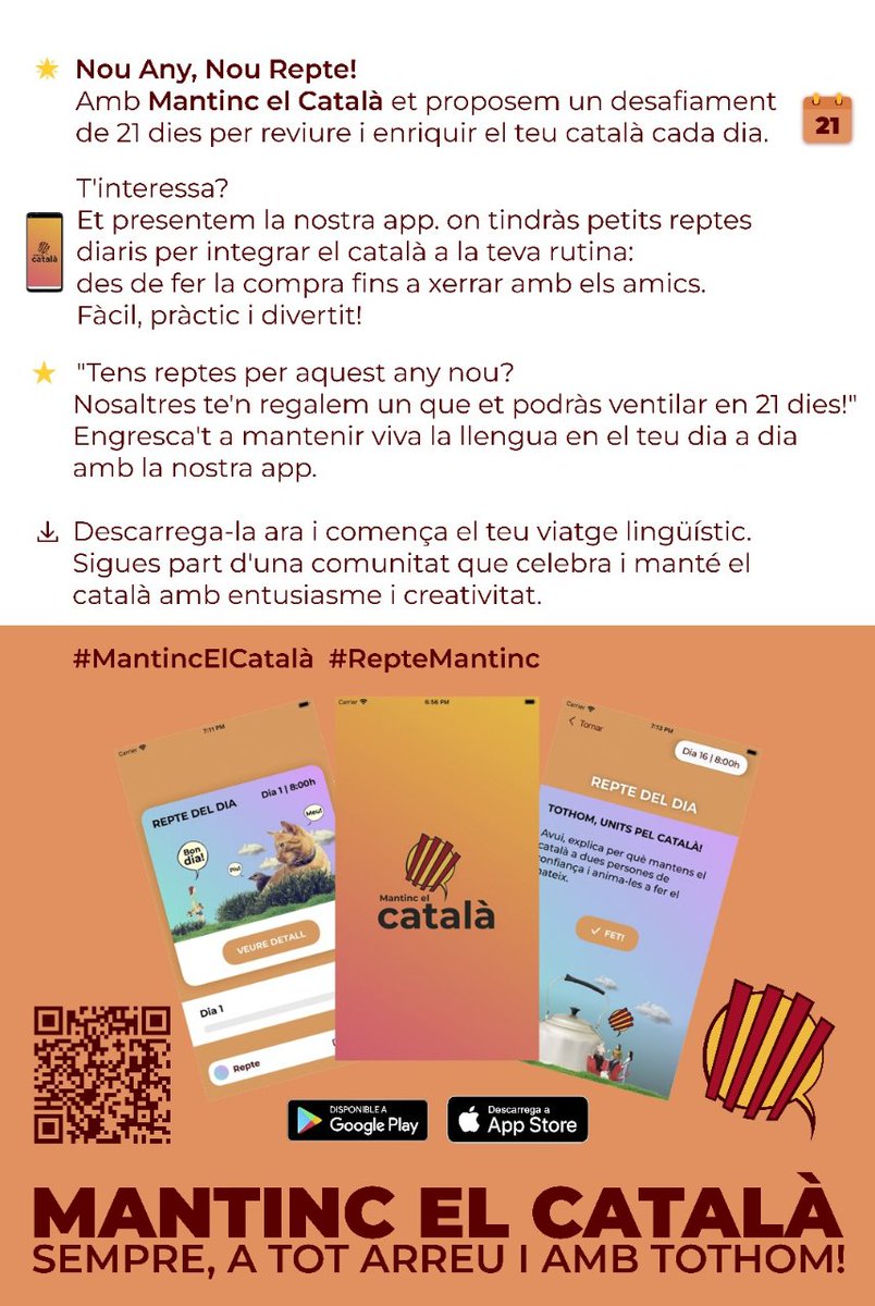 mantincelcatala's tweet photo. Bon Any!

Tens propòsit per aquest any nou?

Nosaltres et proposem el repte de mantenir el català! Per aconseguir-ho et presentem la nova aplicació del nostre col·lectiu! El #RepteMantinc

📱 Descarrega-la gratuïtament a la nostra web i comparteix-la!
https://t.co/9HLdQe9PvS https://t.co/wzgm1ow4nx