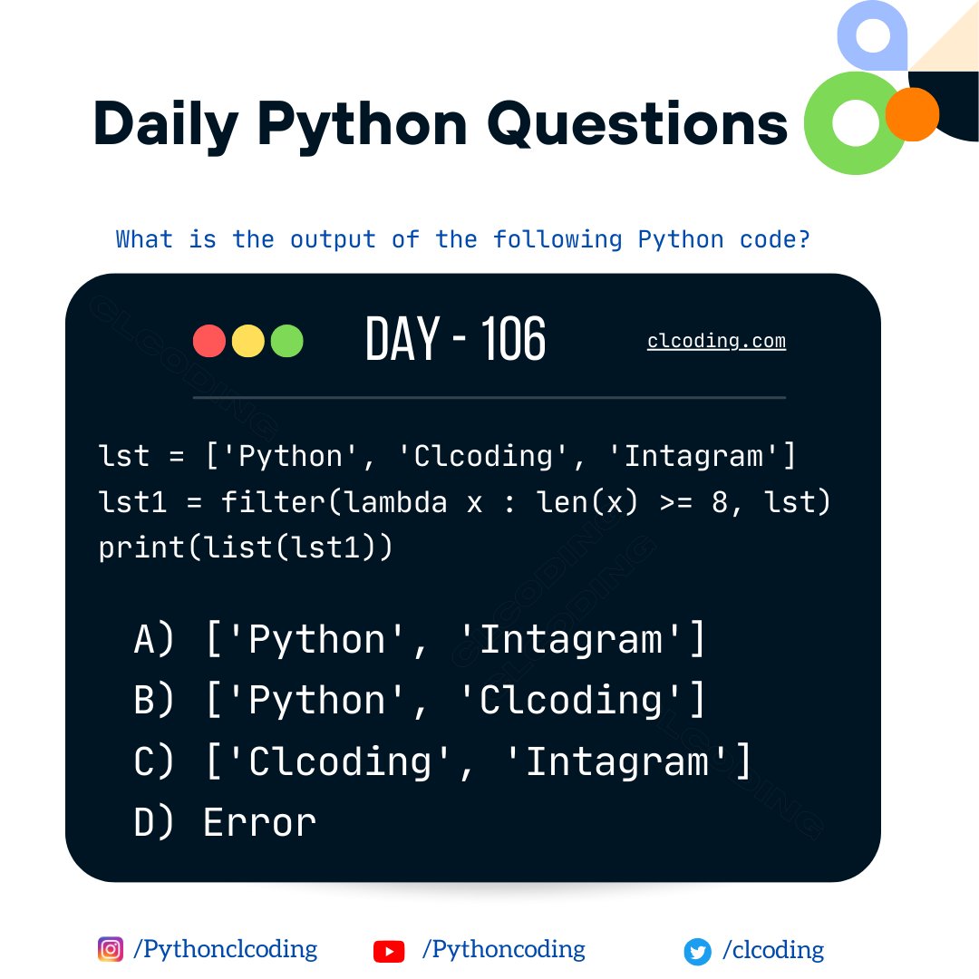 clcoding's tweet image. Python Coding challenge - Day 106 | What is the output of the following Python Code? 
Solution and Explanation: clcoding.com/2024/01/python…