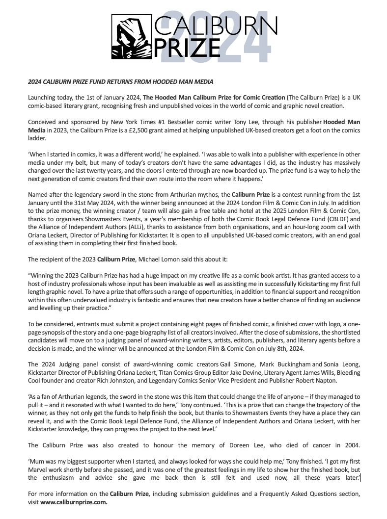 mrtonylee's tweet image. Right then - 1st January.

The #CaliburnPrize is back for 2024.

If you haven't received the PR, reach out to me. If you're interested in submitting, go to caliburnprize.com

Good luck to everyone.