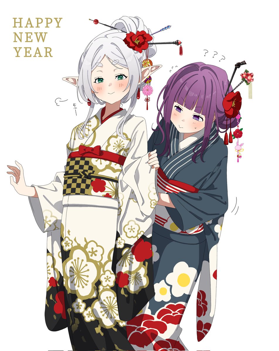 fern (sousou no frieren) ,frieren kimono multiple girls japanese clothes 2girls flower purple hair hair ornament  illustration images