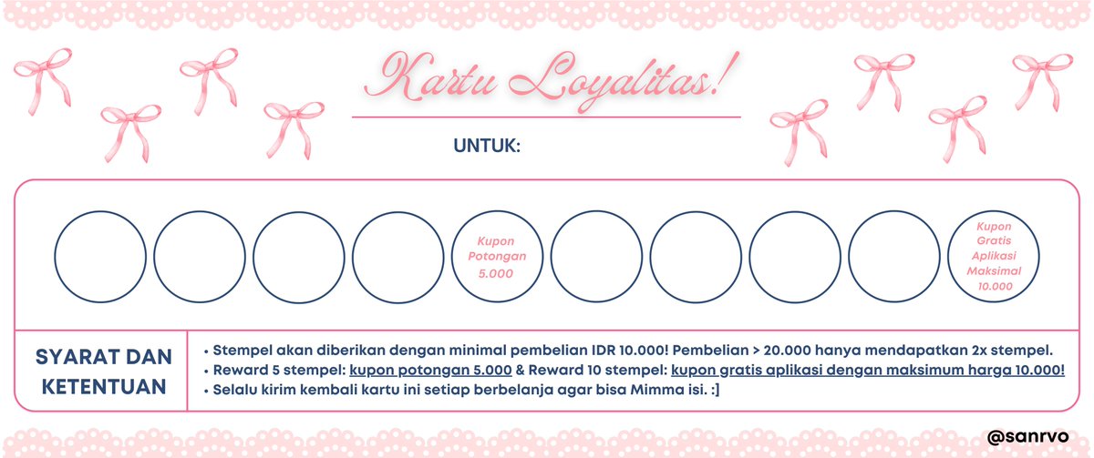 sanrvo's tweet photo. ㅤㅤ
⠀⠀⠀⠀˚ ֶָ   ⊹  ׅ ͟    KARTU LOYALITAS.  𓏲 ๋࣭ ୨୧ ࣪ ˖  ⠀
͏͏ ͏ㅤ͏͏ ͏ㅤ https://t.co/a9rDt9o1dP