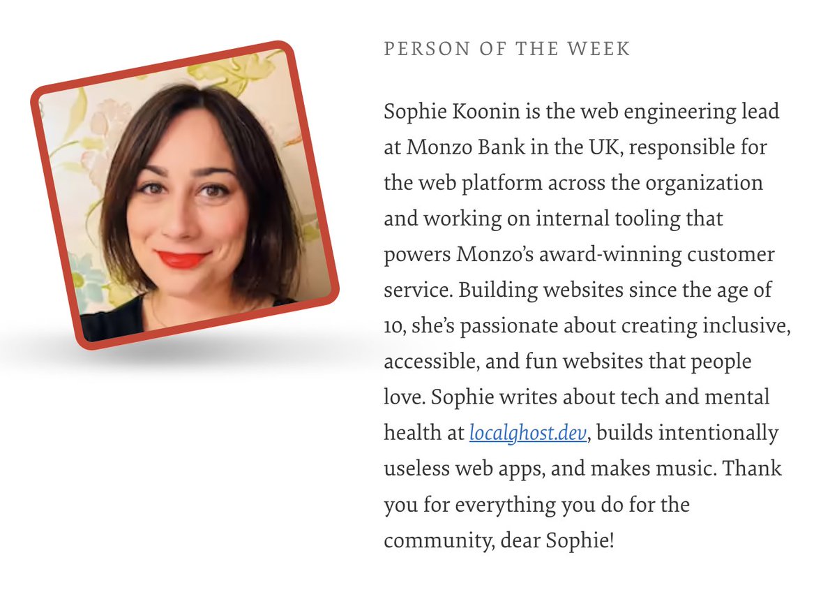 Our Person of the Week has been building websites since the age of 10. Today, she leads web engineering at Monzo Bank. Drumrolls, please, for... Sophie Koonin! 

Thank you for everything you do for the community, dear Sophie! 💖

#smashingcommunity