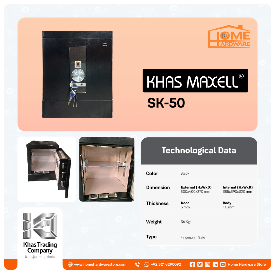 Secure your office essentials with the Khas Maxell SK-50 Security Safe - the epitome of office safety. Fingerprint protection in classic black. Available now at Home Hardware Store. #OfficeSecurity #KhasMaxell #HomeHardwareStore