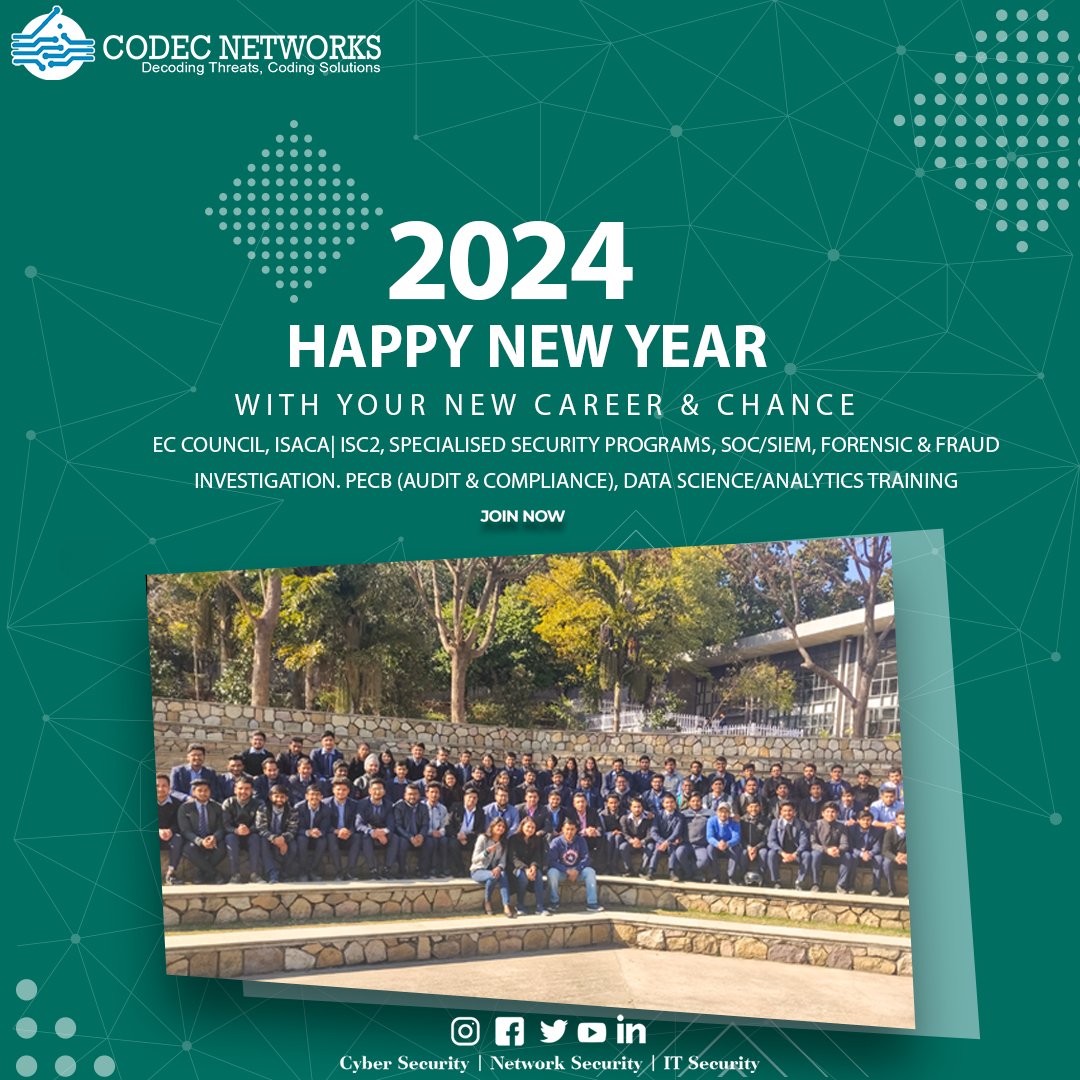 Codec_Networks's tweet image. Every year brings with it new opportunities to mold yourself into what you want to be.
🥳 Happy New Year 2024 🥳
#CodecNetworks #HappyNewYear #NewYear2024 #ECCouncil #CyberSecurity #CEHTraining #cybersecurity #ComputerScience #ITAudit #ITSecurity #OnlineTraining #ITTraining