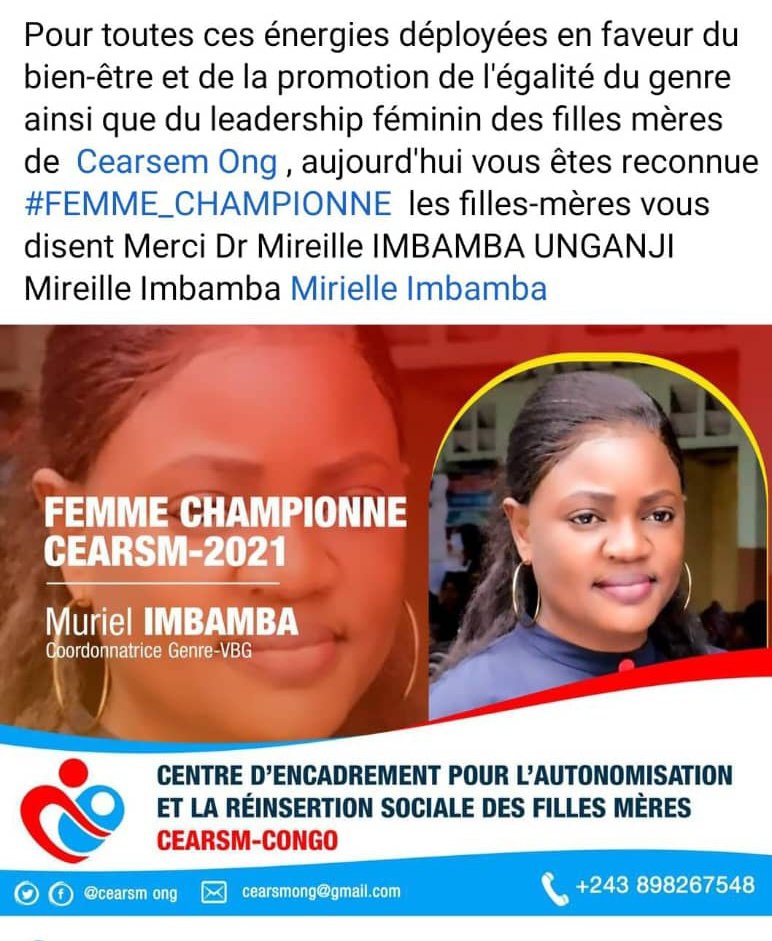 cearsem-ong (@cearsemo) on Twitter photo UNE CHAMPIONNE DE LA PROMOTION DES DROITS DES JEUNES FILLES S'en est allée Dr Mireille IMBAMBA
<a href="/CearsemO/">cearsem-ong</a> en pleur <a href="/Rita_Masengo/">Lutangazi</a> <a href="/AlloServicesDRC/">Allô Services RDC</a> @IpasRDC <a href="/NKizubanata/">Noëlla Kizubanata 👩🏼🔬🩸🦠🇨🇩</a> <a href="/ClaireFondation/">Fondation Marie Claire</a> <a href="/ONUFemmesRDC/">ONU Femmes RDC</a> UNE CHAMPIONNE DE LA PROMOTION DES DROITS DES JEUNES FILLES S'en est allée Dr Mireille IMBAMBA
<a href="/CearsemO/">cearsem-ong</a> en pleur <a href="/Rita_Masengo/">Lutangazi</a> <a href="/AlloServicesDRC/">Allô Services RDC</a> @IpasRDC <a href="/NKizubanata/">Noëlla Kizubanata 👩🏼🔬🩸🦠🇨🇩</a> <a href="/ClaireFondation/">Fondation Marie Claire</a> <a href="/ONUFemmesRDC/">ONU Femmes RDC</a>