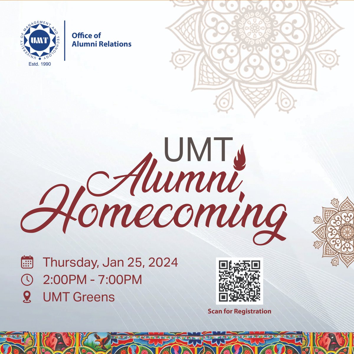 UMT_Alumni's tweet photo. ๐ An Evening to Remember with UMT Alumni!
๐
Date: Thursday, January 25, 2024
๐ Time: 2:00 pm - 7:30 pm
๐ Venue: UMT Main Campus
For more details visit:
https://t.co/pQpFrNCdi2
#myUMT #alumni #alumnireunion #ILMIANS #AlumniHomecoming https://t.co/nk4b71XhcH