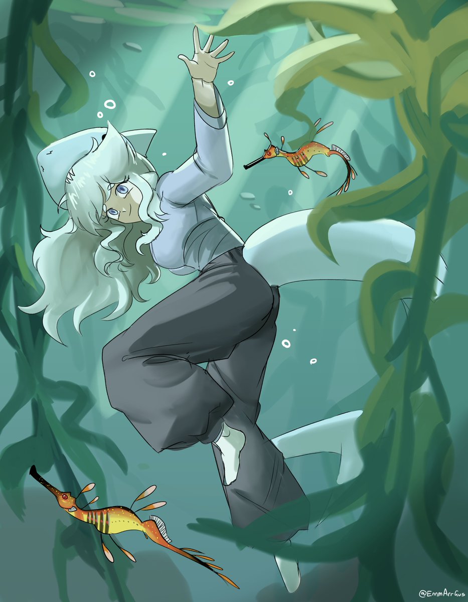 1girl underwater fish tail long hair pants tail solo  illustration images