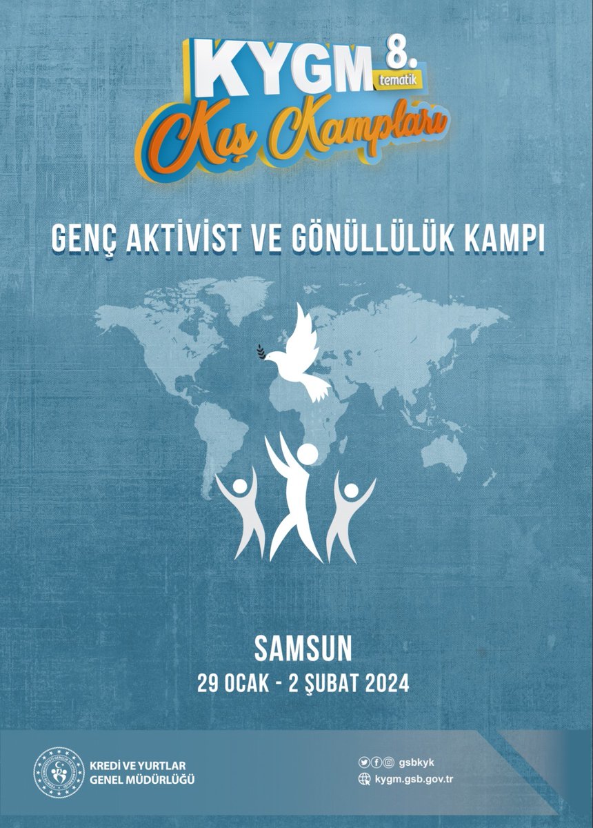 Sevgili gençler,
🎊Her yıl düzenlediğimiz, alanında uzman kişilerle bir araya gelerek birbirinden farklı tecrübeler edineceğiniz KYGM Tematik Kış Kampları başlıyor.

☘️Başvurular *01 Ocak 2024* tarihinde gsbbiz.gsb.gov.tr adresinden yapılacak.