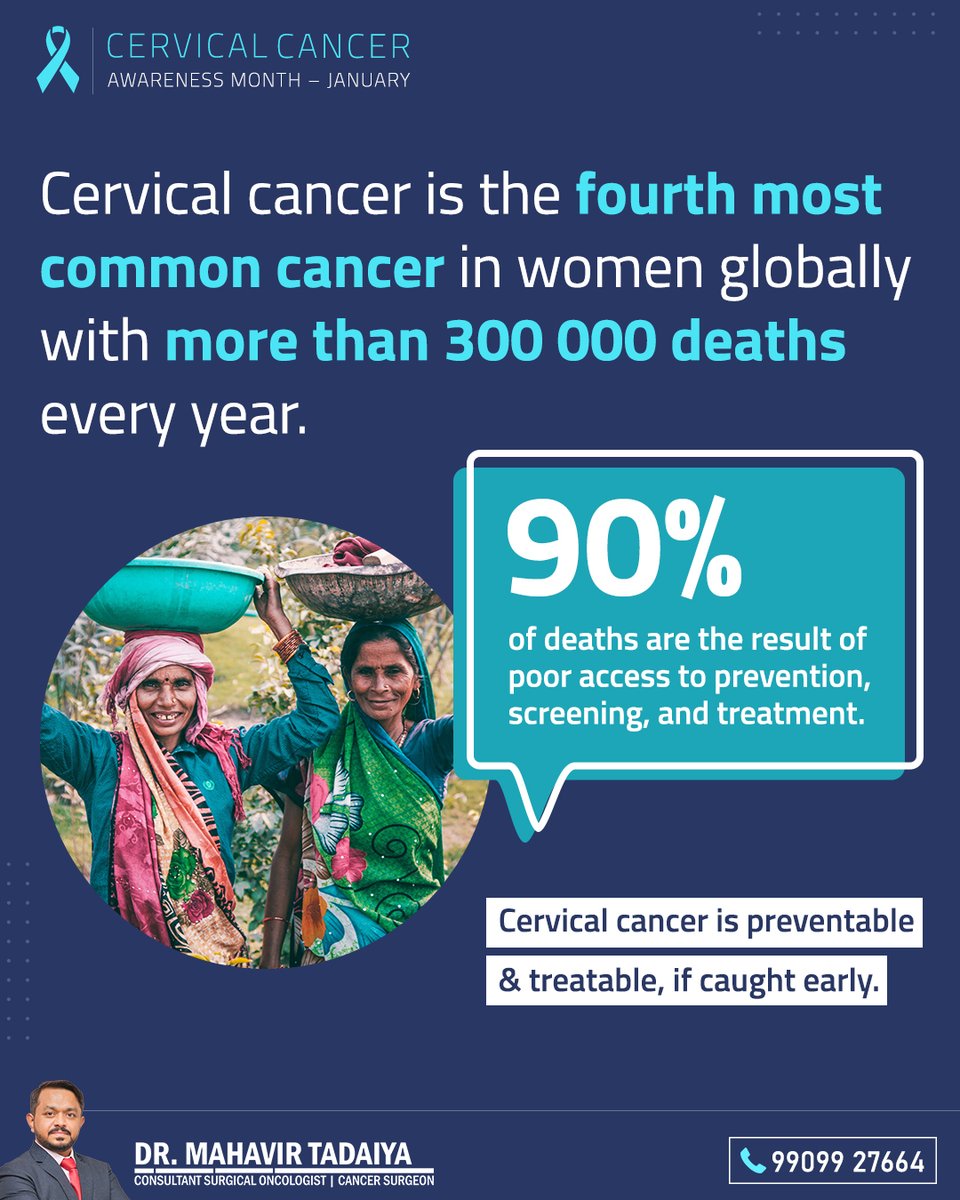 January marks Cervical Cancer Awareness Month. Did you know that it's the fourth most common cancer in women worldwide, causing over 300,000 deaths annually? Let's raise awareness and prioritize access to prevention, screening, and treatment to save lives.

#DrMahavirTadaiya