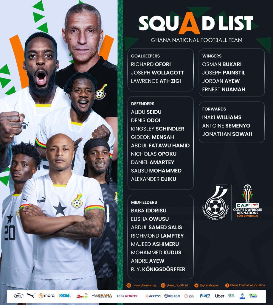 Here’s the official 27-man Black Stars squad for the 2023 Africa Cup of Nations. No Thomas Partey, Abdul Fatawu Issahaku, and Baba Rahman. Richmond Lamptey in there. Do you have hope in this squad to deliver in Côte d’Ivoire? #JoySports