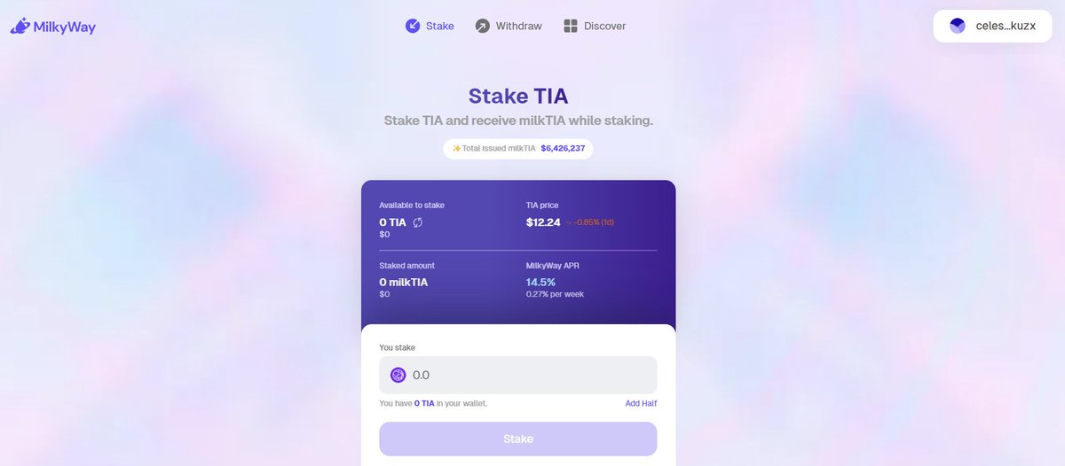 PastanagaCrypto's tweet photo. 🪂HE ENCONTRADO EL $JTO DE CELESTIA🪂

Es un proyecto de staking líquido muy parecido a @jito, pero construido en la red de Celestia.

Estoy hablando de @milky_way_zone y solo tiene $6M de TVL, si quieres saber como exponerte sigue leyendo⬇️

Nos permite poner nuestro $TIA en staking sin bloqueos, a cambio recibiremos el token milkTIA.

🧑‍🌾¿Qué podemos hacer con esos tokens?

Depositarlos en una pool de @osmosiszone con el par milkTIA/TIA. Así aumentamos el rendimiento.

💰¿Qué ganamos con esto?

- Rendimiento por stakear $TIA
- Rendimiento por depositar LP en Osmosis
- Recibir Airdrops del staking de $TIA
- Calificar al Airdrop de MilkyWay

🥕¿Qué haré en mi caso?

Al tener todo mi $TIA en staking, no puedo transferirlo directamente a @milky_way_zone sin hacer el unstaking de 21 días de bloqueo.

Por lo tanto, compraré algo más de $TIA y lo pondré en staking en el protocolo, y adicionalmente depositaré en la pool de Osmosis.

Los rendimientos que genere los añadiré a la estrategia, de esta manera, poco a poco iré exponiéndome más.