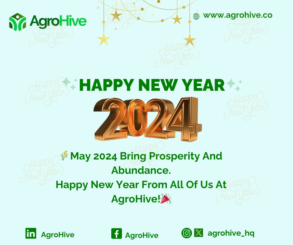 agrohive_hq's tweet photo. 🌾May 2024 bring prosperity and abundance.
Happy New Year from all of us at AgroHive!🎉
#2024
#HappyNewYear
#HappyNewMonth
#AgroHive https://t.co/MeLJ1gp8iJ