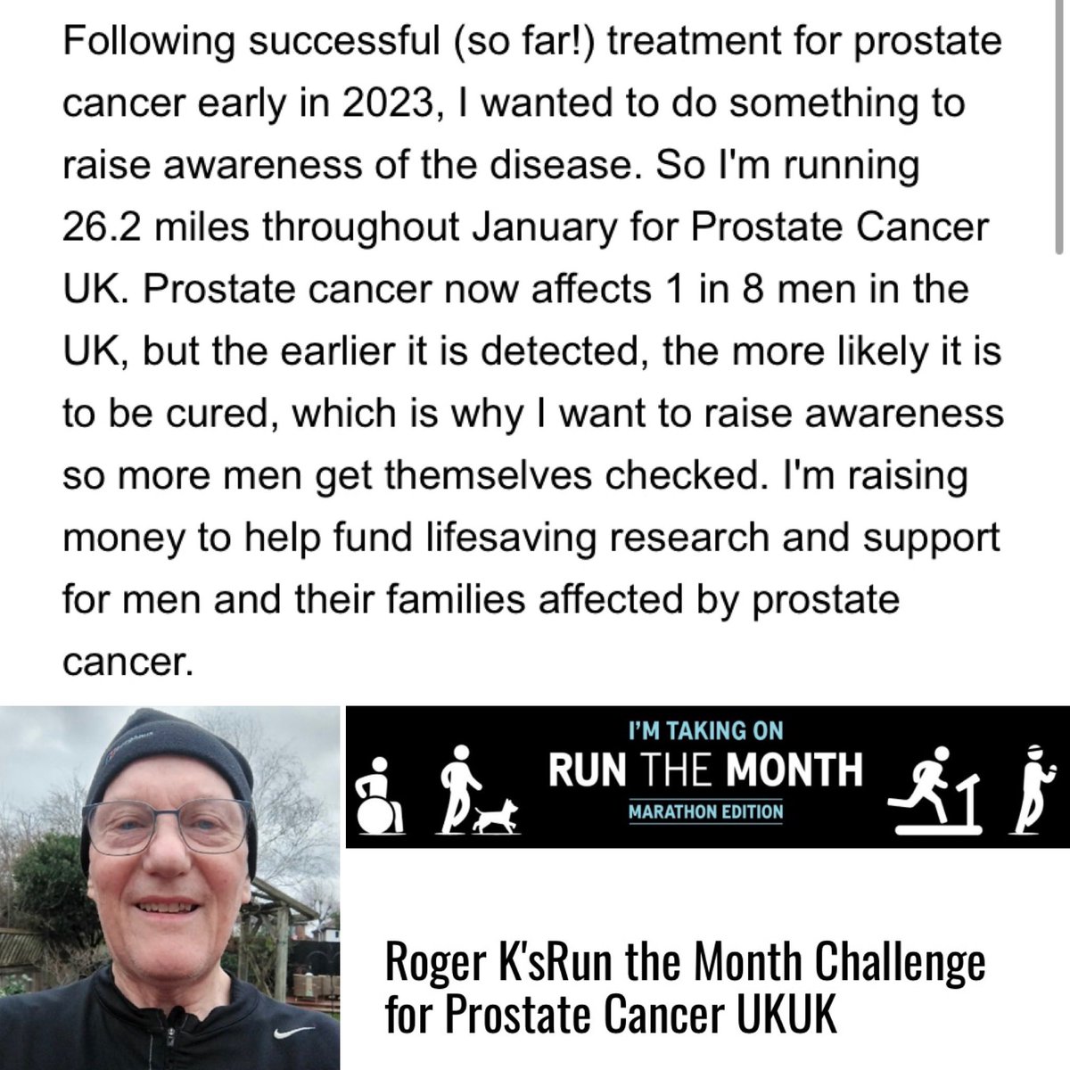 My amazing father in law @RogerKings52573 is raising money & awareness for @ProstateUK by running a marathon in January. Please 🙏🏾 donate or share if possible runthemonthme.prostatecanceruk.org/fundraising/ro…