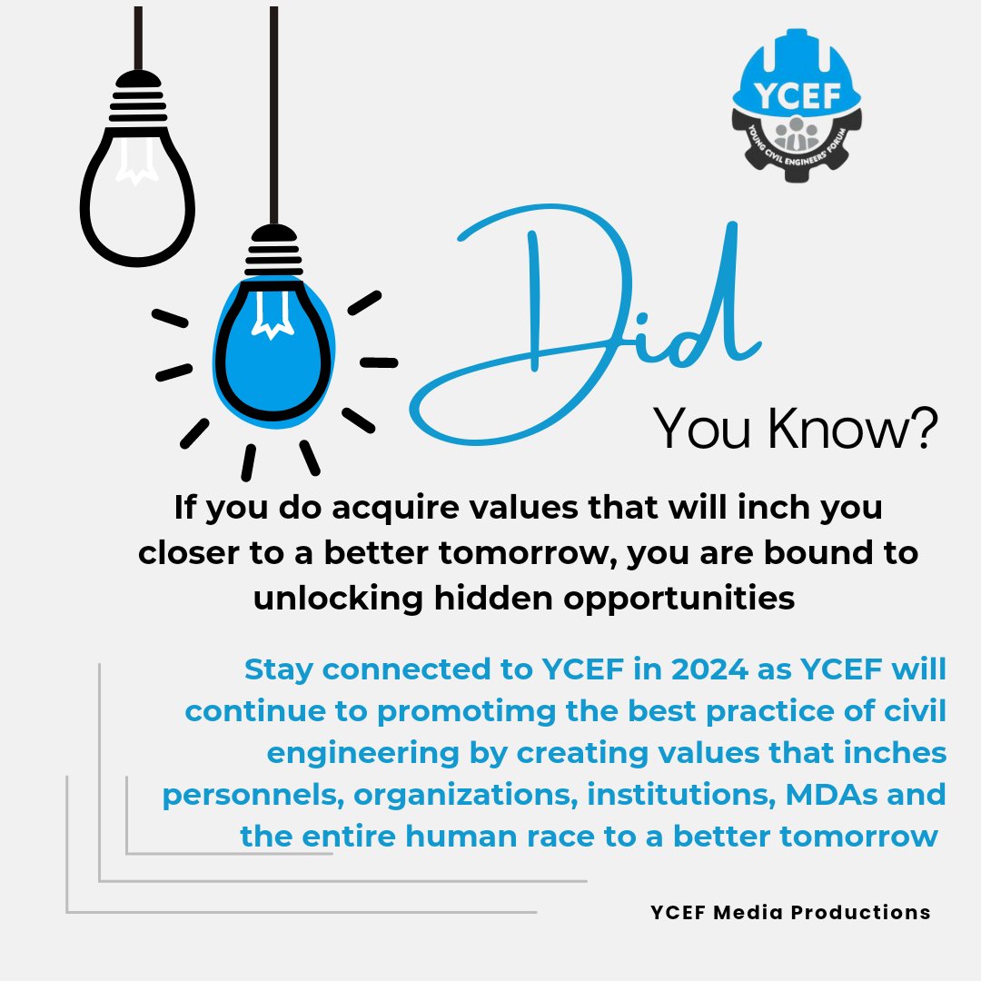 It's a smooth ride in 2023, stay connected with Young Civil Engineers Forum, YCEF in 2024 as we keep promoting the best practice of civil engineering by creating value that inches you to a better tomorrow thereby unlocking hidden opportunities.

So make 2024 a productive year