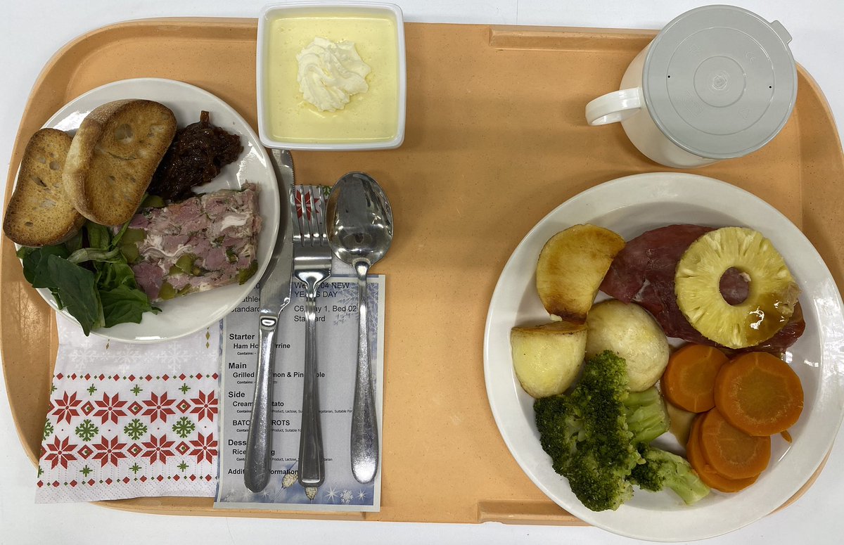 Welcoming the new year in for our patients today delicious menu including homemade Ham hock terrine with focaccia or Minestrone Soup with Roast lamb or Gammon with Pineapple followed by Lemon posset or apple pie amongst other options. Dedicated team Effort by @rnick70…