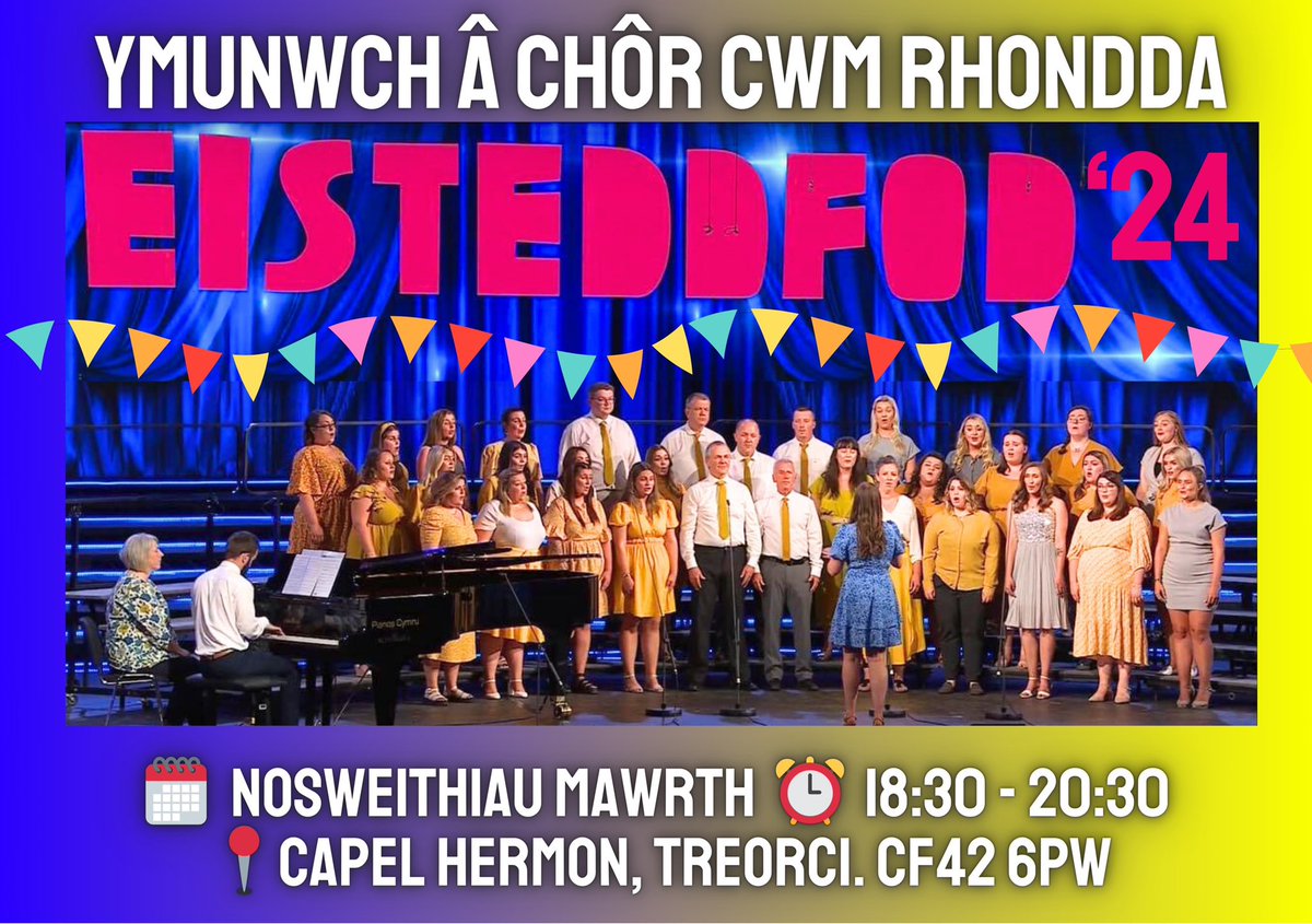 📣 Ymarferion yn ail-ddechrau ar y 9fed o Ionawr. 

🎪Paratoi at Eisteddfod Genedlaethol Cymru. 

🤗Croeso i aelodau newydd 16+ (ac yn y chweched dosbarth o leia). 

🎶Ymunwch nawr os ydych am gystadlu gyda ni yn Eisteddfod RhCT Awst 2024.