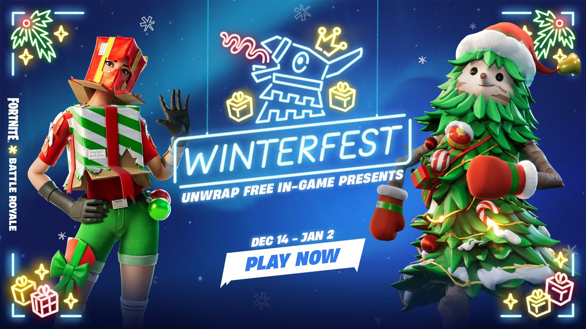 Fortnite's tweet photo. All Winterfests must come to an end ❄️

Grab your gifts &amp; complete quests before Winterfest wraps tomorrow! https://t.co/cqOrhFG3zr
